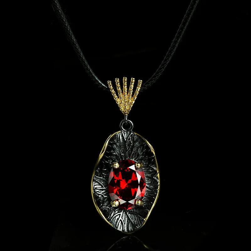 Vintage Ruby Gemstone Pendant Necklace Two Tone Women Rope Chain Jewelry