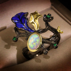 Bohemia Jewelry Branch Leaves Opal Ring Female Cocktail Party Christmas Gift