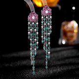 Zirconium Flower Long Tassel Earrings