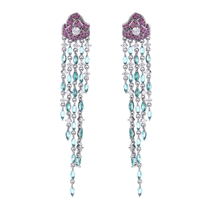 Zirconium Flower Long Tassel Earrings