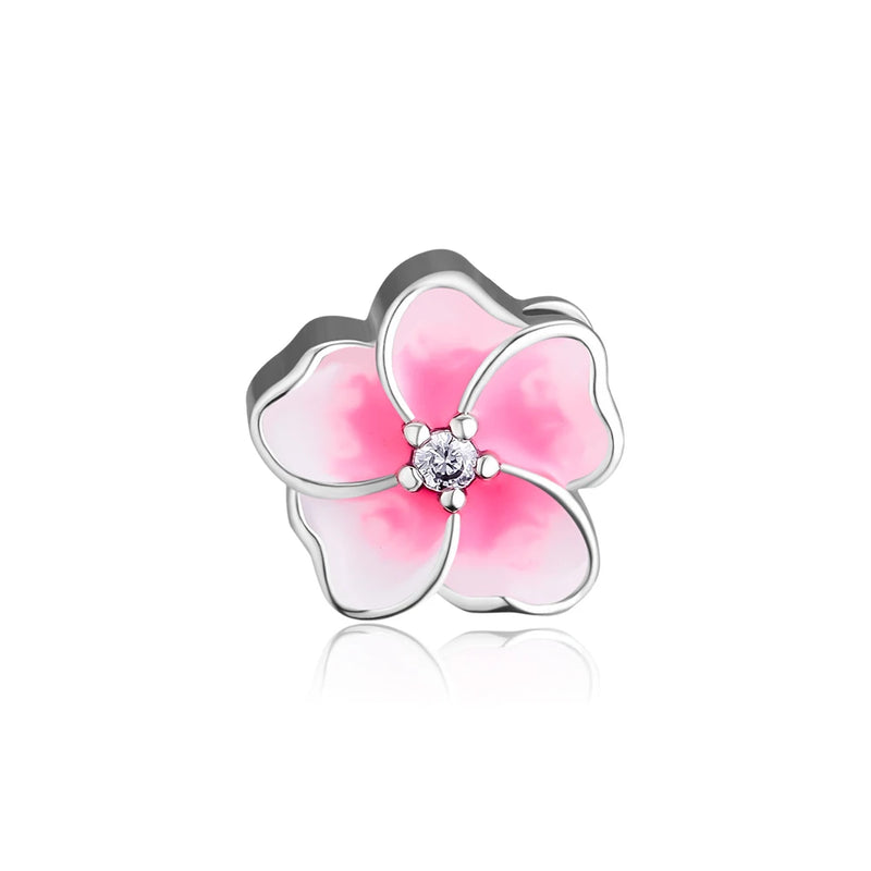 925 Silver Orchid Bead Charm Pink CZ Pink Enamel