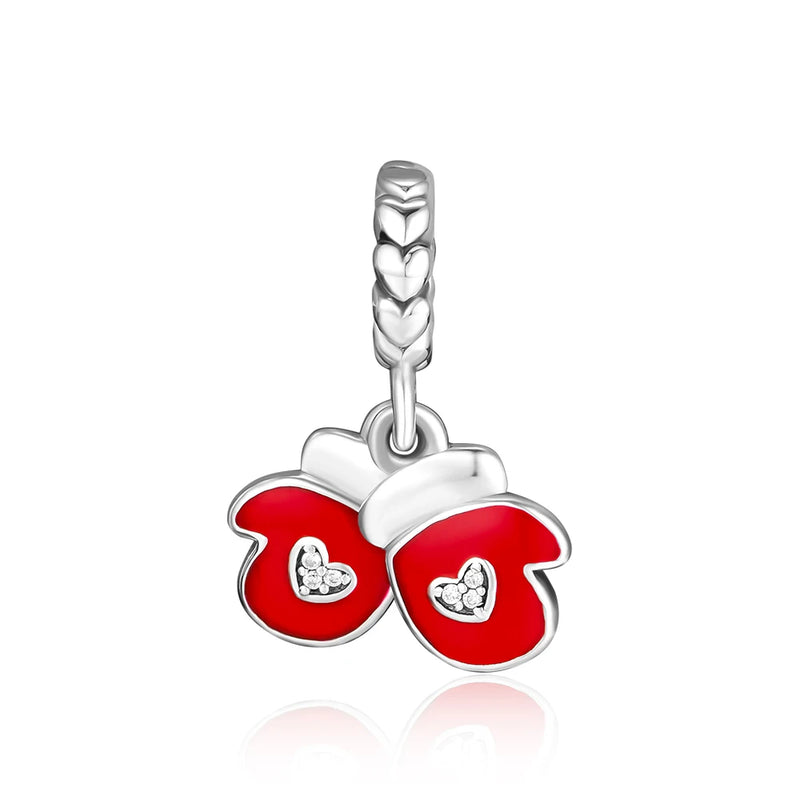 925 Sterling Silver Glove Dangle Charm, Berry Red Enamel DIY Charms Bracelets