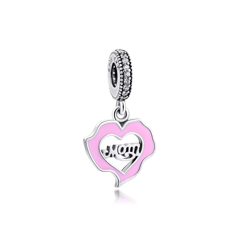 925 Sterling-Silver-Jewelry Mom Love Charms Pink Enamel
