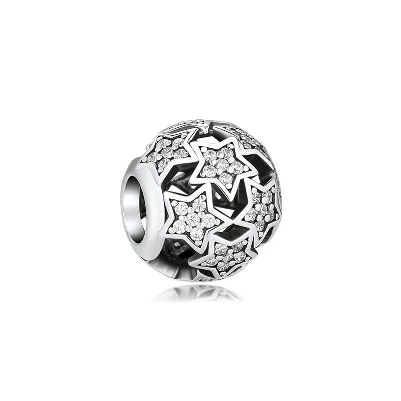 925 Sterling Silver Openwork Stars Charm Clear CZ