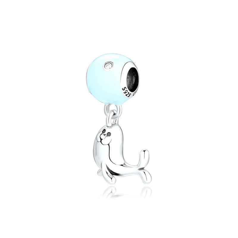 925 Sterling Silver Playing Seal Dangle Charms Blue Enamel DIY