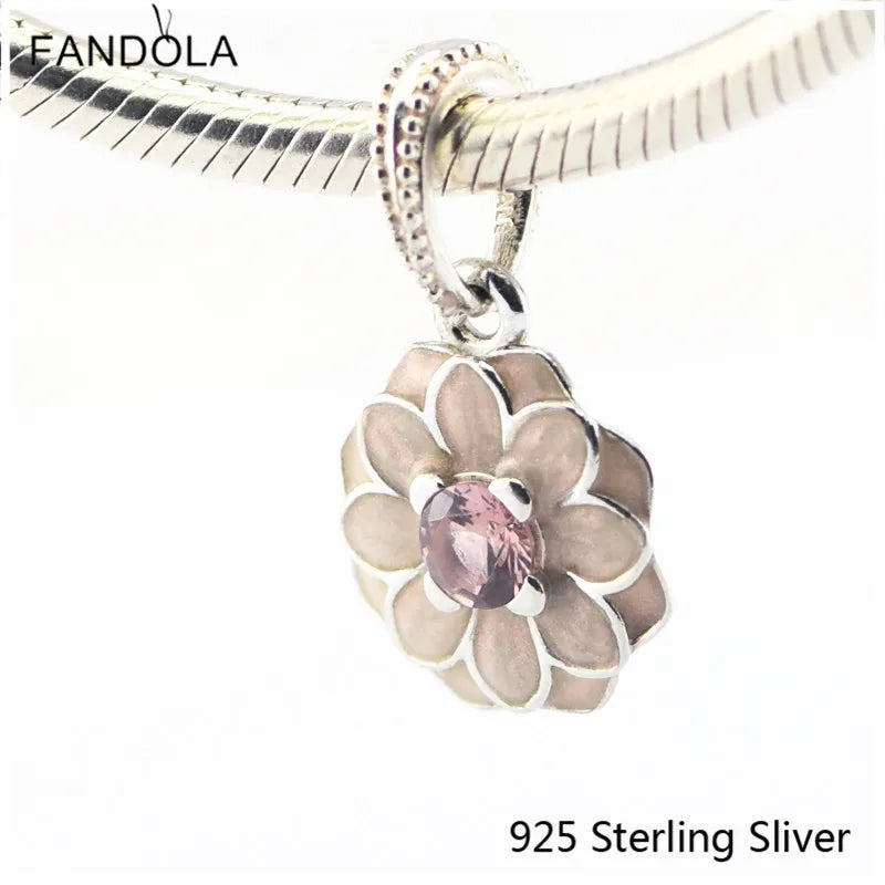 925 Silver Blooming Dahlia Cream Enamel Pink Crystal Charms Beads Bracelets