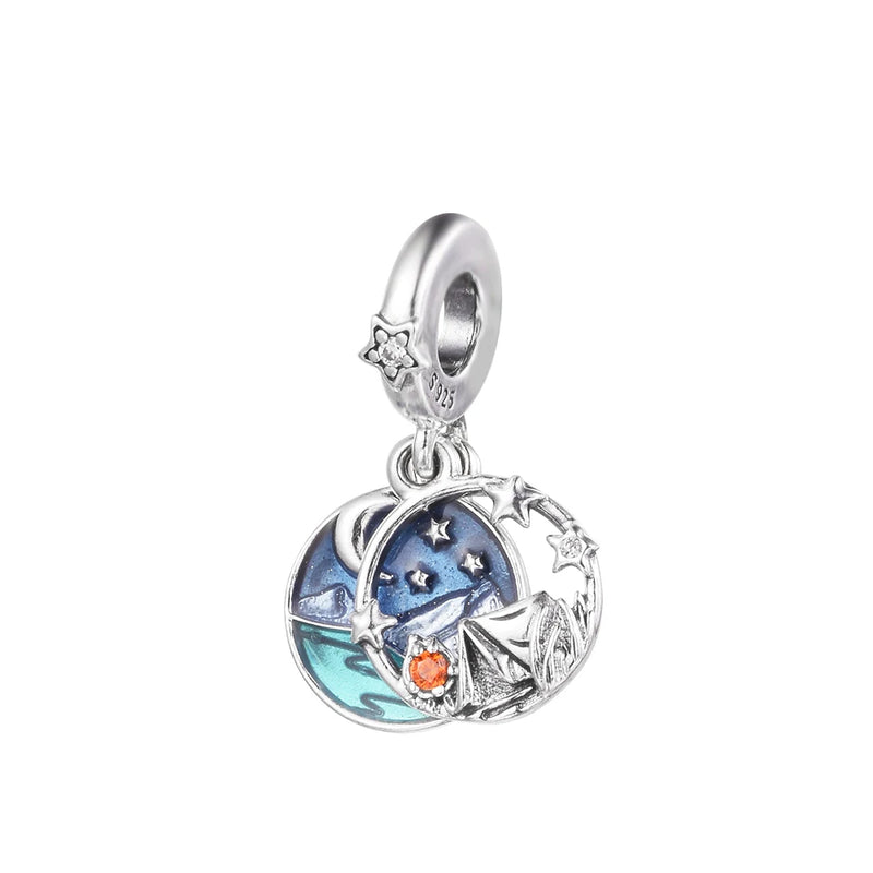 925 Silver Camping Night Sky Dangle Charm Beads for Women Bracelet Necklace