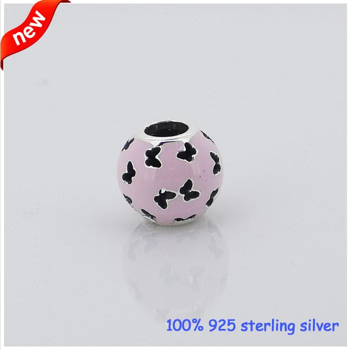 925 Silver Abstract Light Pink Enamel Butterfly Bead for Bracelets