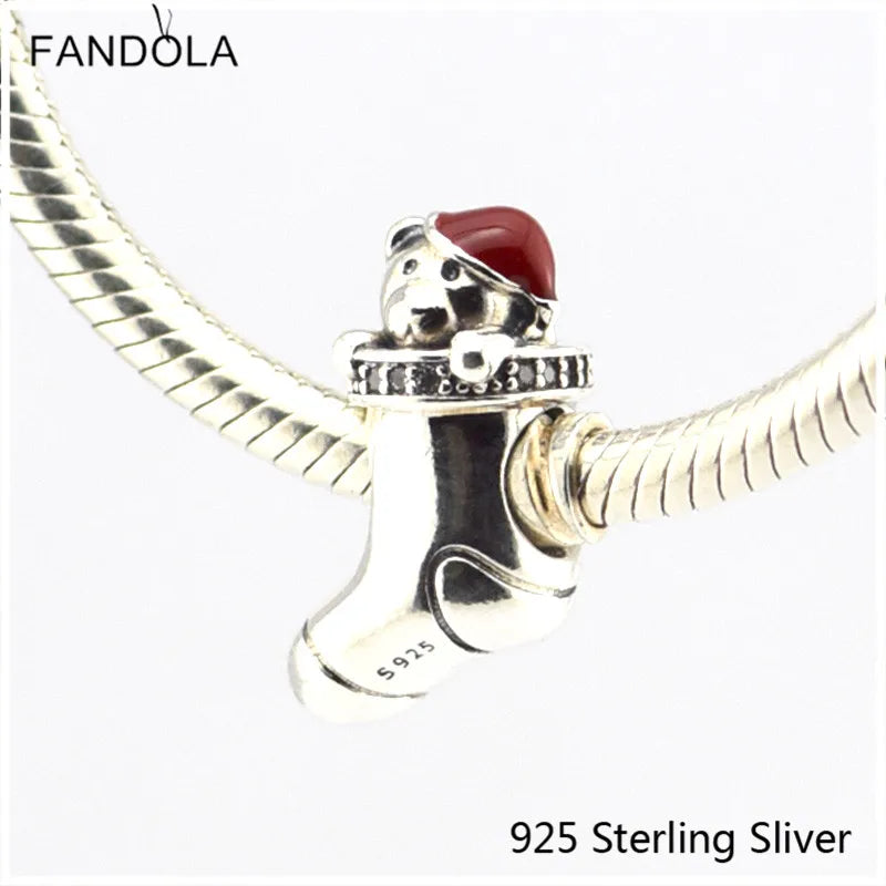 925 Sterling Silver Christmas Stocking Charm Bead Fits Bracelets