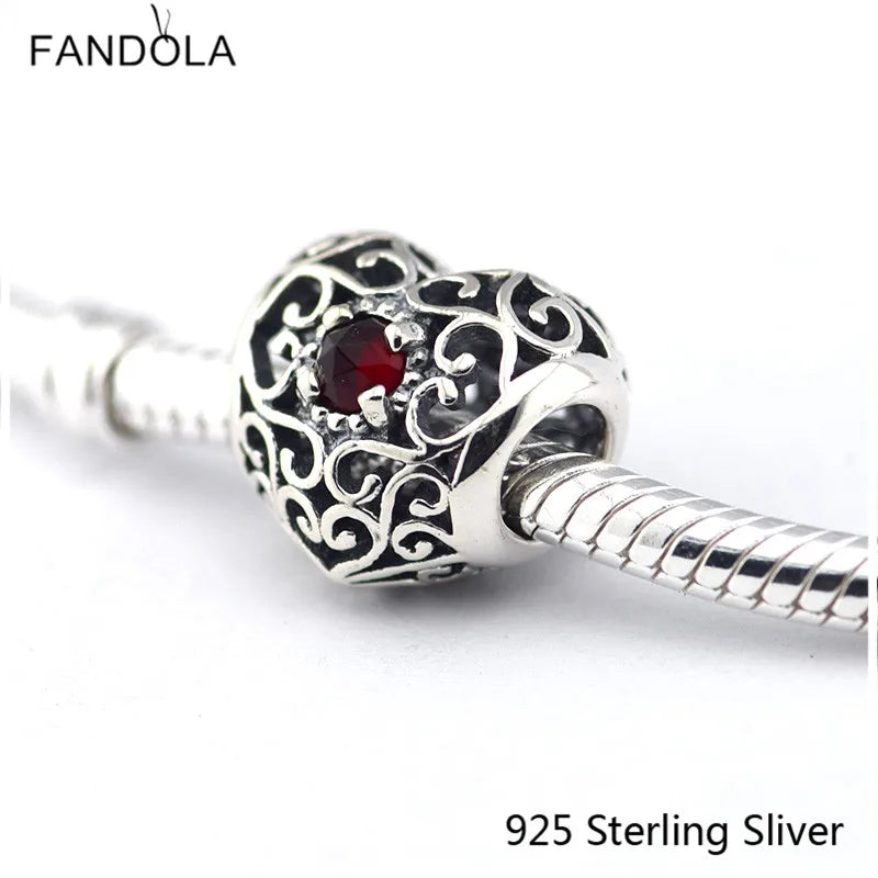 925 Silver January Signature Heart Garnet Charms Beads Fits Bracelets