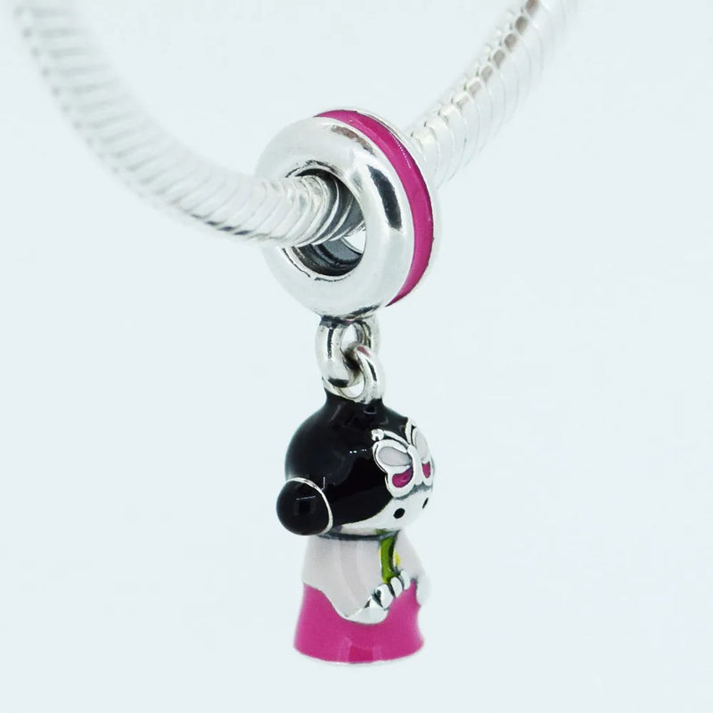925 Silver Japanese Doll Dangle Red Enamel Charms DIY Beads For Bracelets