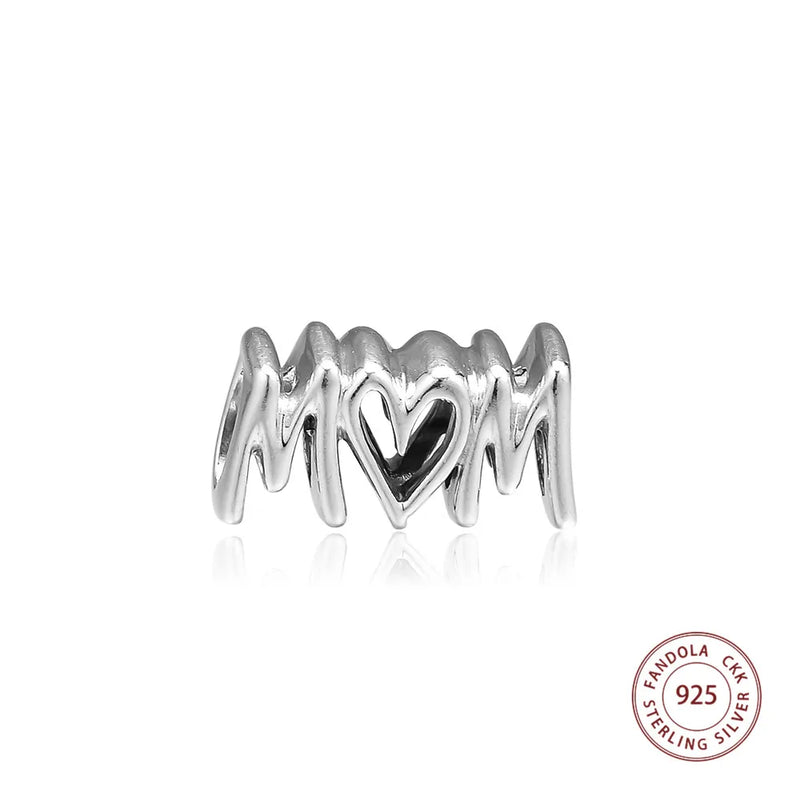 925 Silver Mom Script Charms Beads for Bracelets DIY Jewelry