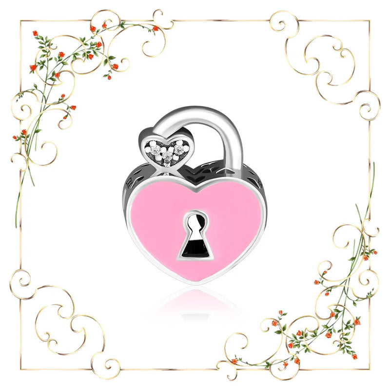 925 Silver Pink Enamel Padlock Pave Beads for DIY Jewelry Making