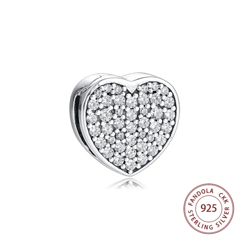 925 Silver Pave Heart Clip Charm Bead for Jewelry Making