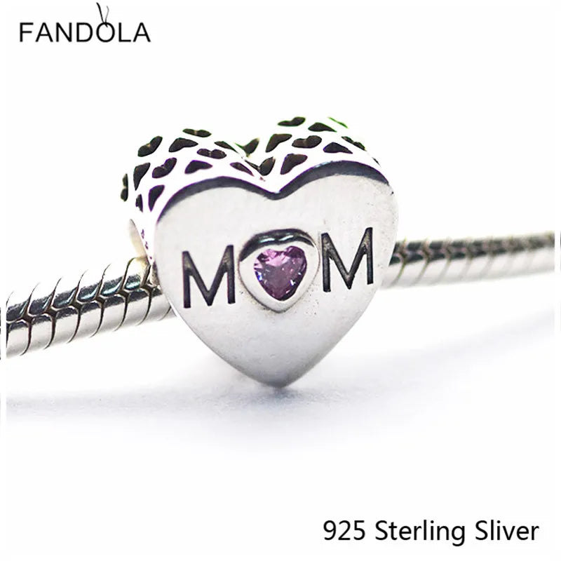 925 Silver Pink Mother Heart Charms Beads for Bracelets DIY Jewelry