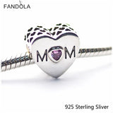 925 Silver Pink Mother Heart Charms Beads for Bracelets DIY Jewelry