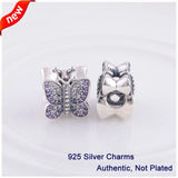 925 Silver Purple Butterfly Charm Bead Fits Bracelets & Bangles