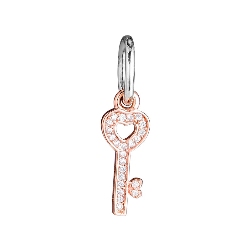 925 Sterling Silver Rose Key Pendant Charm Beads Jewelry