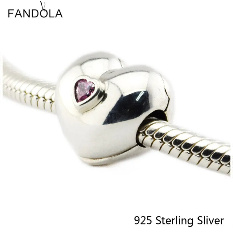 925 Sterling Silver Steady Heart Pink Charms Beads Fits Bracelets