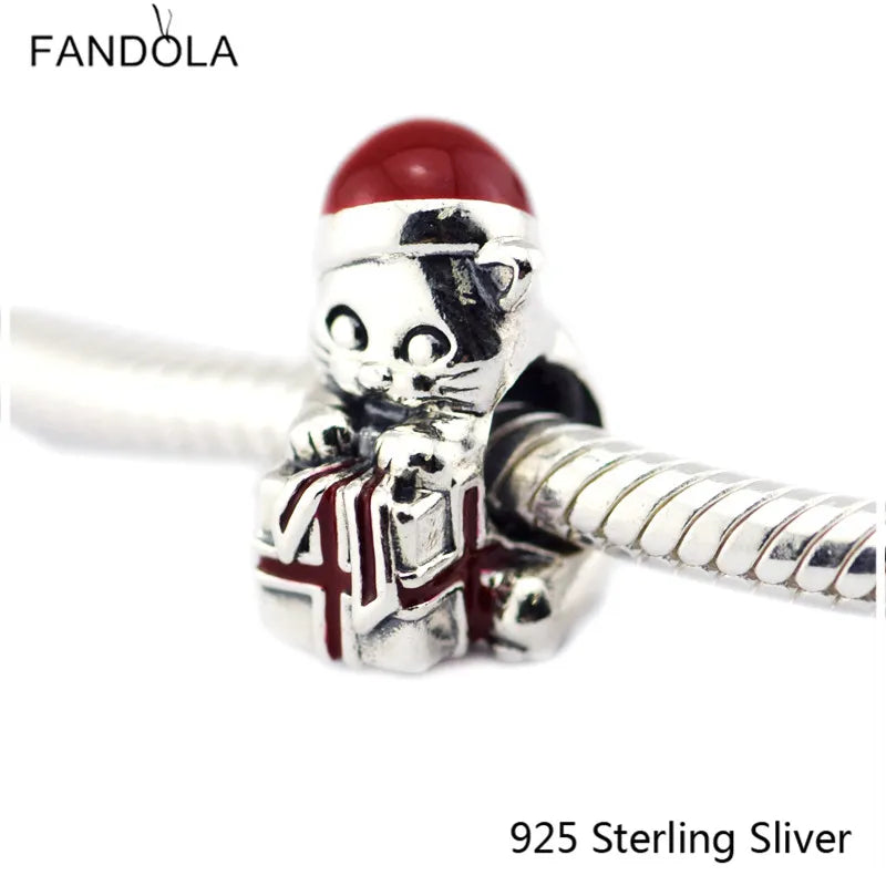 Christmas Kitten Enamel Charms 925 Sterling Silver Beads