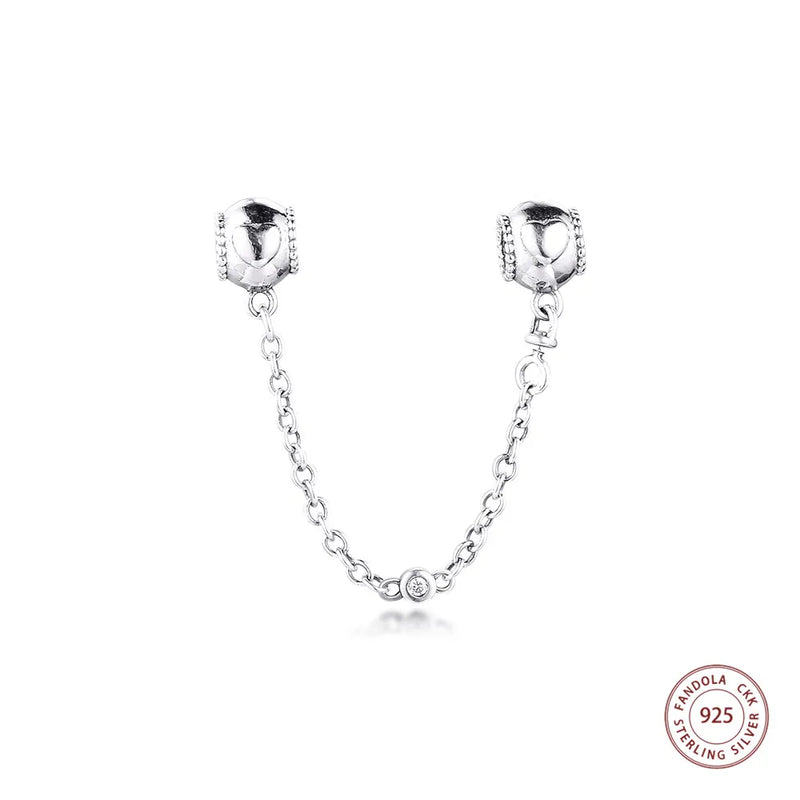 Embossed Hearts Safety Chain Bead 925 Sterling Silver Charms