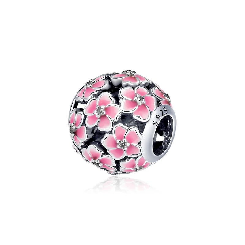925 Sterling Silver Daisy Beads with Cerise Enamel for Charm Bracelets