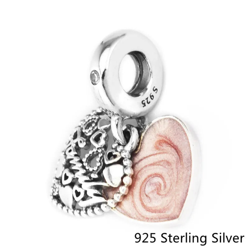 Family Love Pink Charm, Enamel 925 Silver Bead Jewelry
