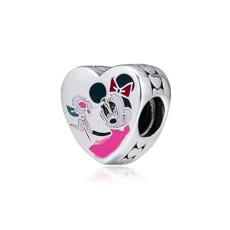 Silver 925 Minnie Flower Heart Charm for Bracelets Sterling Silver Beads