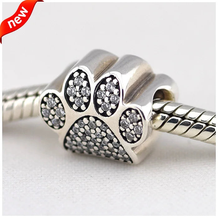 Silver 925 Paw Prints Charms Beads Bracelet DIY Sterling Jewelry