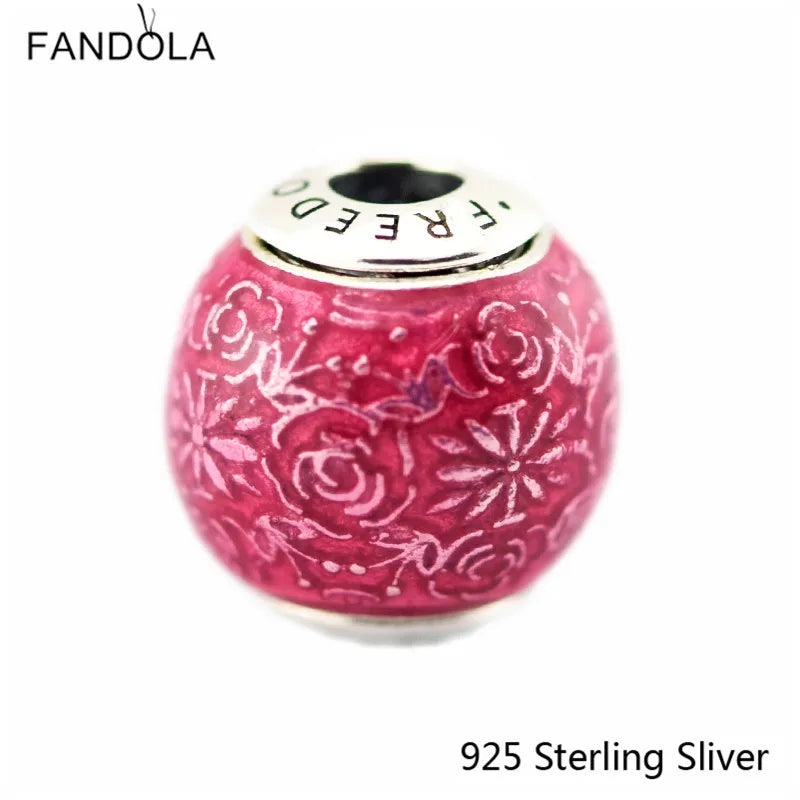 925 Silver Freedom Essence Bead Charm, Transparent Cerise Enamel, Fits Bracelets
