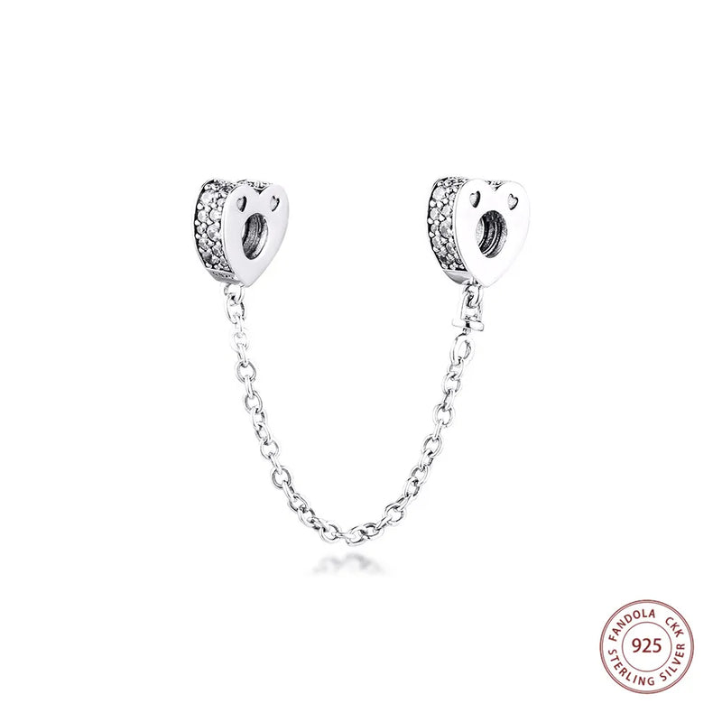 Sparkling Love Safety Chain Charm Bead 925 Sterling Silver Jewelry