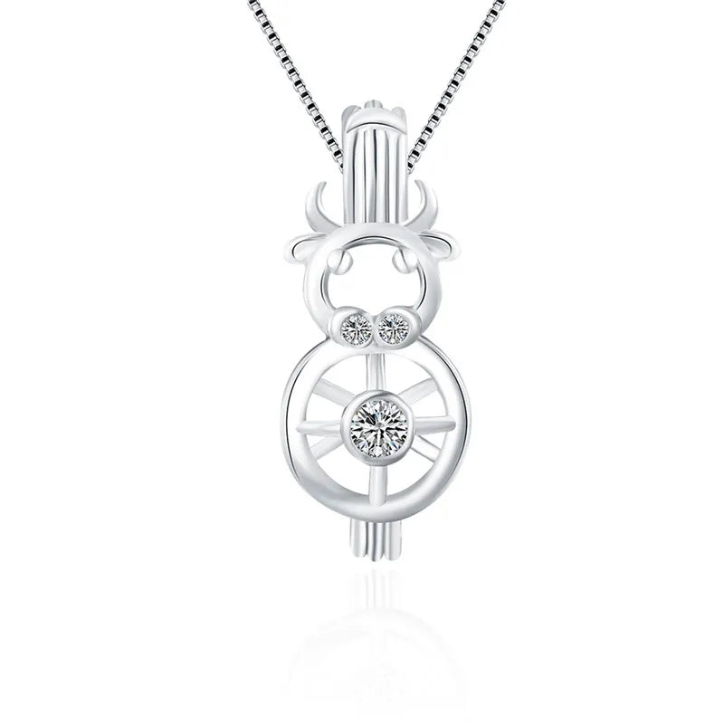 925 Sterling Silver Pearl Locket Pendant Bull Charms Pendant Necklace Jewelry