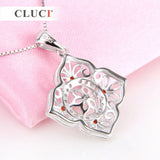 925 Silver Zircon Flower Charm Pendant Necklace with 4 Red Zircons