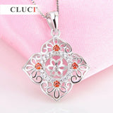 925 Silver Zircon Flower Charm Pendant Necklace with 4 Red Zircons