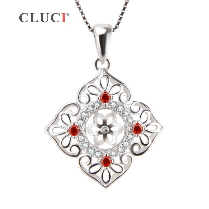 925 Silver Zircon Flower Charm Pendant Necklace with 4 Red Zircons
