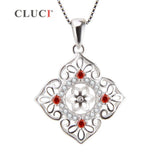 925 Silver Zircon Flower Charm Pendant Necklace with 4 Red Zircons