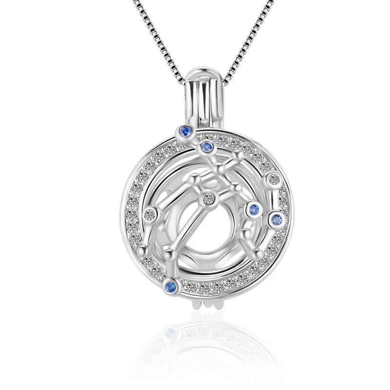 925 Silver CZ 12 Constellations Necklace Pendant DIY Pearl Charms Cage SC475SB