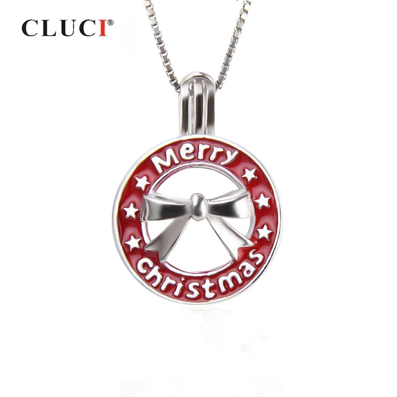 925 Silver Christmas Cage Pendant w/ Bowknot Round Charms Pearl Locket