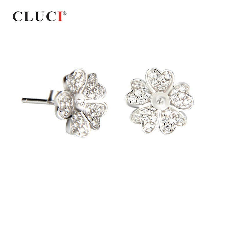 925 Silver Stud Earrings with Pearl Mounting Flower SE046SB