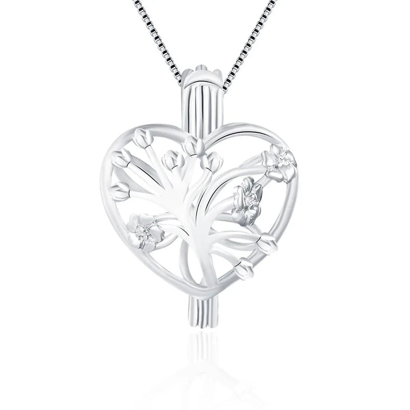 925 Silver Necklace Heart Flower Pattern Women Cage Pendant Pearl Locket