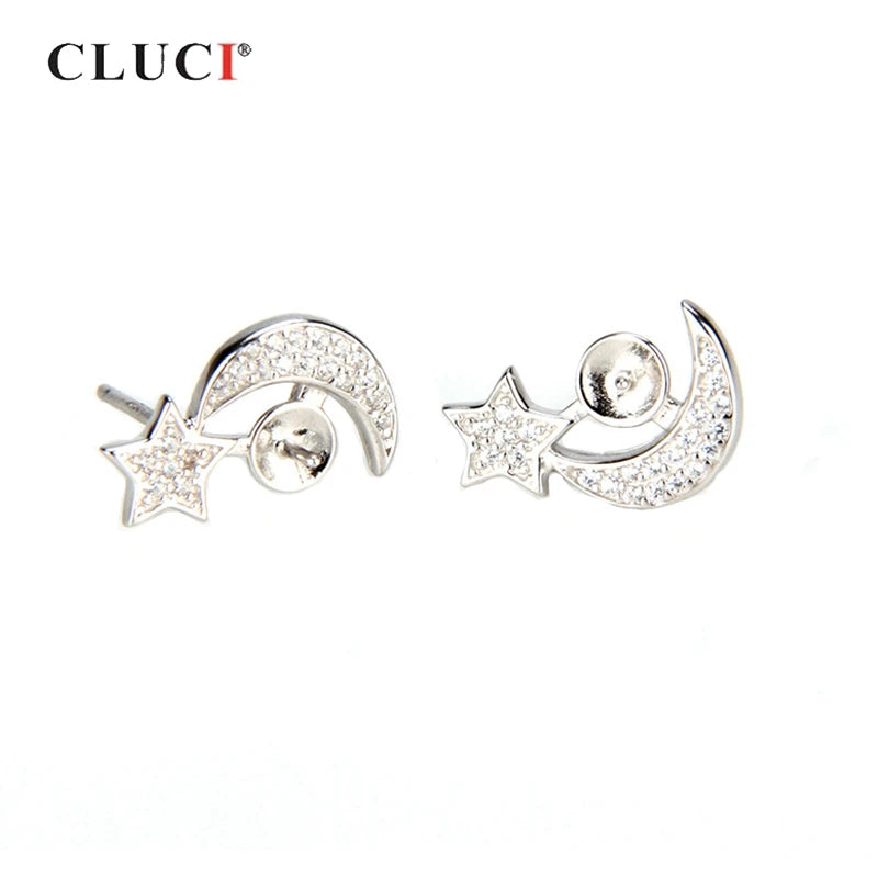 925 Silver Pearl Earrings Mounting Moon & Star Studs SE035SB