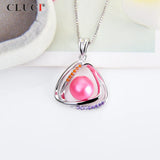 925 Silver Pink & Clear CZ Triangle Pearl Pendant Necklace