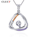 925 Silver Pink & Clear CZ Triangle Pearl Pendant Necklace