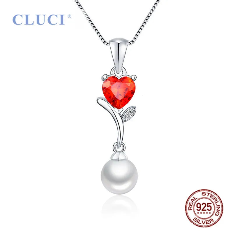 925 Silver Saltwater Pearl Necklace Pendant Red CZ Heart Wedding Gift