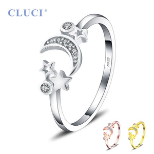Adjustable Women Silver 925 Ring Star and Moon Open Ring