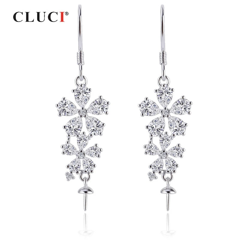 925 Silver Zircon Flower Drop Earrings Sterling Silver Pearl Mounting