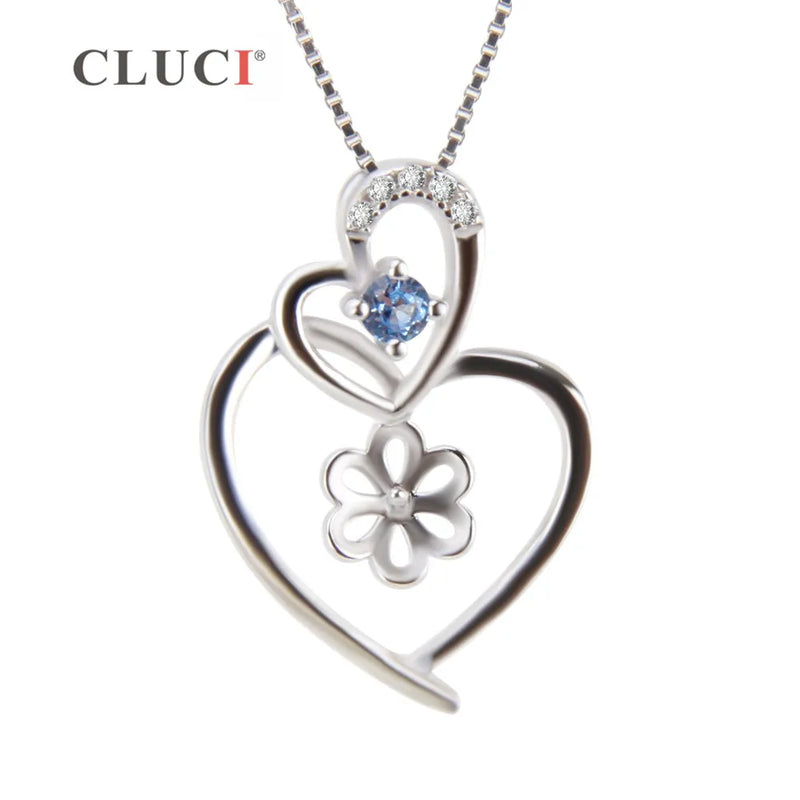 Double Heart Pendant for Pearl Jewelry DIY Sterling 925 Silver Zircon Necklace