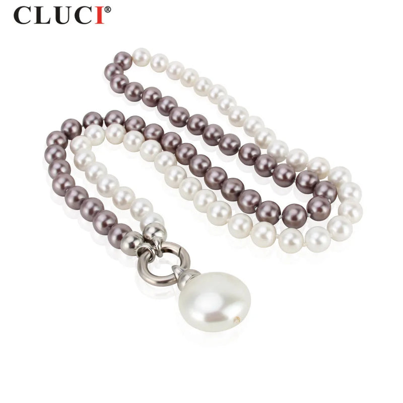 10mm White & Dark Purple, 25mm Coin Akoya Shell Pearl Necklace