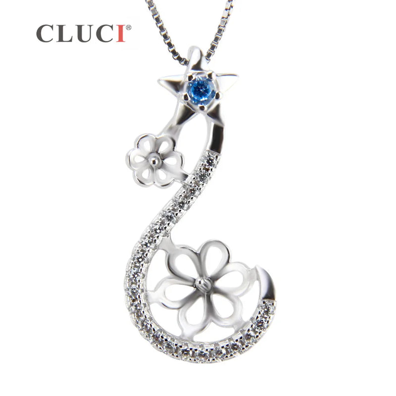 925 Silver Flower & Star Pendant with Zircons & Pearl