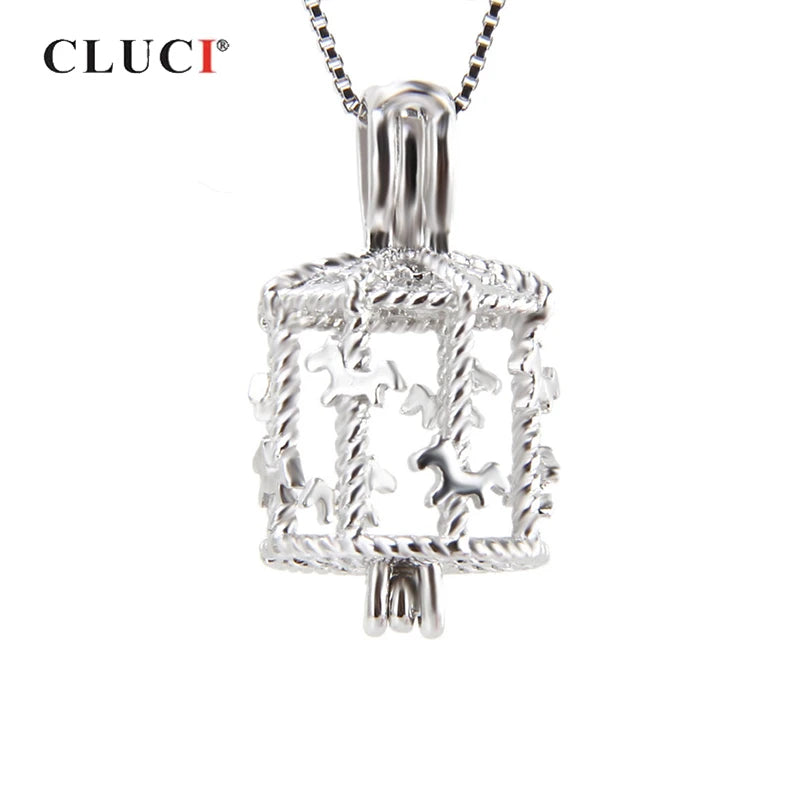 Silver 925 Carousel Cage Pearl Pendant Charms Gift for Women
